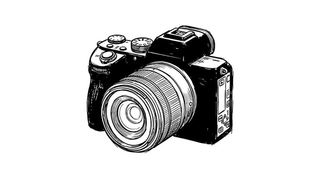 Hand Drawn Digital Camera Sketch Ink Illustration Isolated on White Background