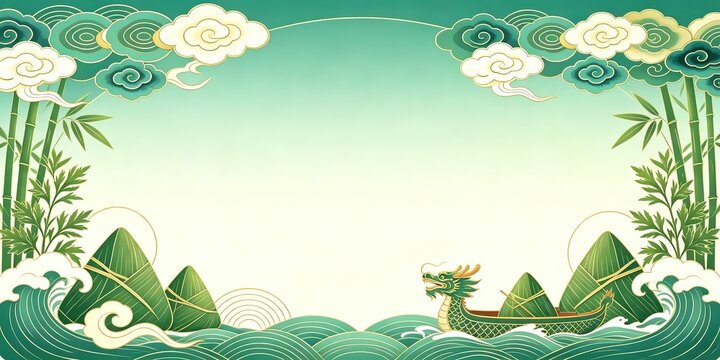Green Dragon Boat Zongzi Bamboo Leaves Clouds Empty Center