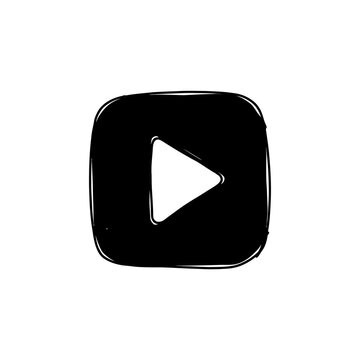 Hand-drawn play button icon in a doodle style vector illustration on white