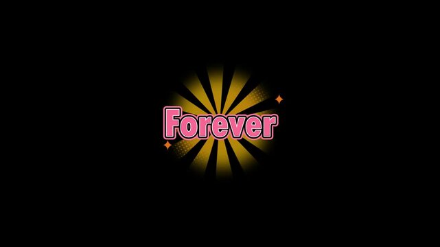 Animated forever text over golden sunburst background elements for creative digital media design projects with displays repeating animated