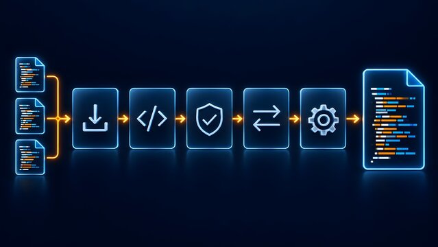 Automated data processing workflow with secure digital file transfer and software development pipeline icons