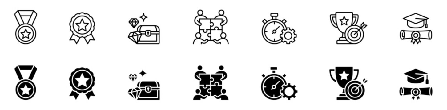Business success award and achievement vector line and filled icon set for corporate goal and teamwork.