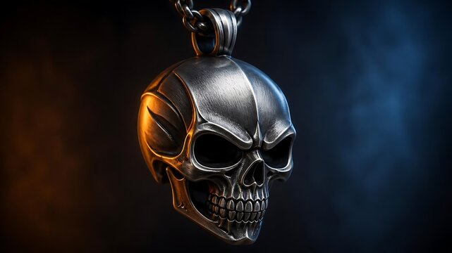 Silver skull pendant necklace hanging against a dark moody smoke background