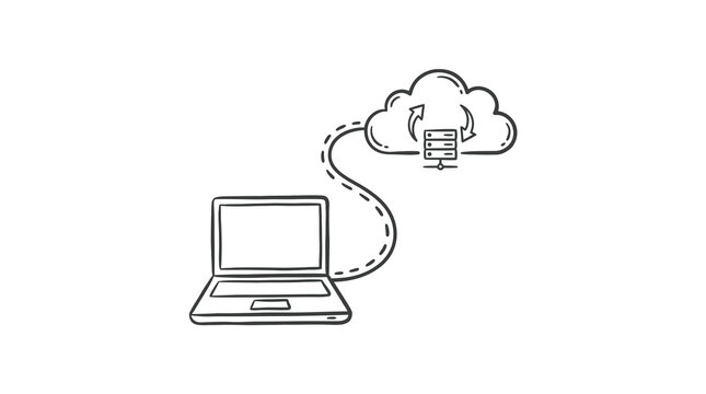 Cloud computing and data backup concept sketch with laptop and server icon