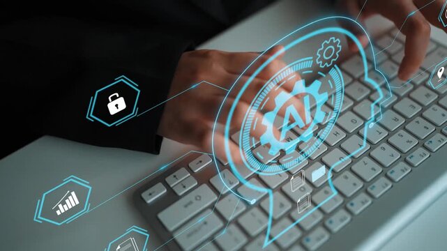 Futuristic Business Technology Concept Featuring Hands on Keyboard with Artificial Intelligence Graphic Elements and Data Security Icons Gluon.
