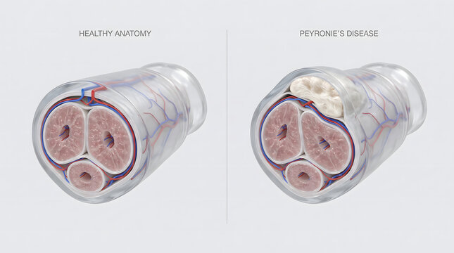 A detailed 3D medical illustration showing a side-by-side cross-section comparison of healthy male penile anatomy and Peyronie's disease, highlighting the fibrous scar tissue plaque, blood vessels,...