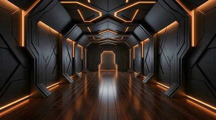 Fototapeta premium Futuristic dark scifi corridor with glowing orange neon lights and polished wooden floor, 3d render of a modern spaceship interior hallway