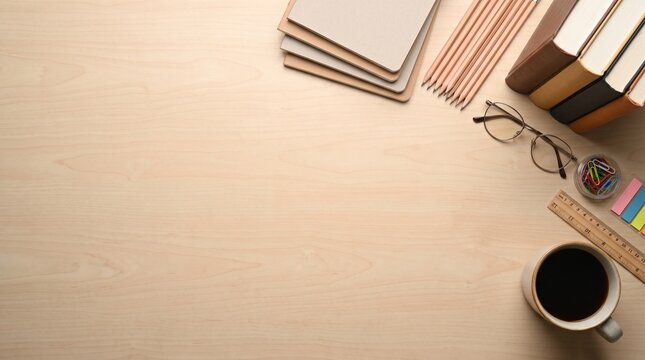 Flat lay composition with notebooks, coffee cup and stationery on wooden table with copy space