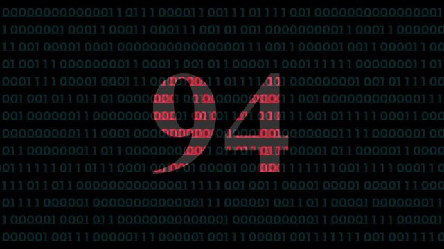 Digital number 94 over binary code background, cyber security and data processing concept