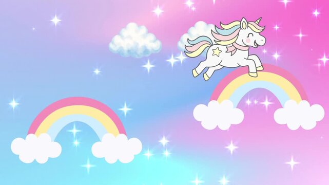  Cute magical unicorn flying over rainbows with pastel background, sparkling stars, and fluffy clouds animation and welcome to my channel animation 