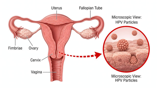 An informative medical diagram illustrating the female reproductive anatomy including the uterus, ovaries, and cervix, with a detailed microscopic inset depicting human papillomavirus (HPV) infecti...