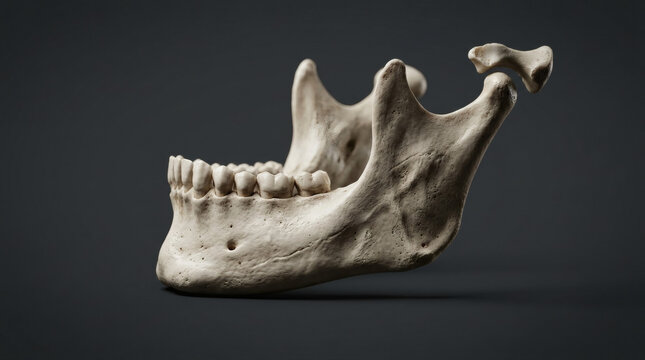 Human lower jaw bone anatomy model showing mandible and teeth profile view