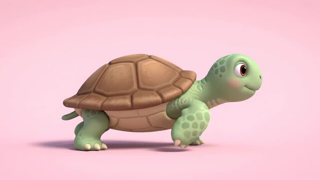 Cute 3D turtle walking side view on pink background