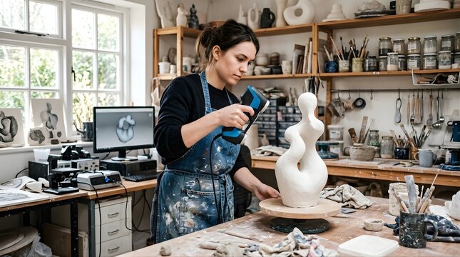 Young woman artist using 3D scanner on clay sculpture in pottery studio