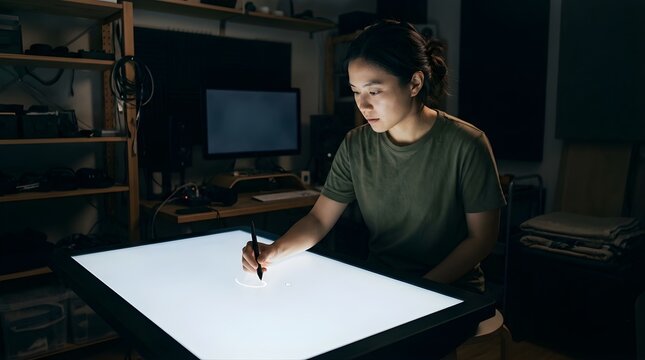 Young woman designer drawing on a digital light table in a studio room