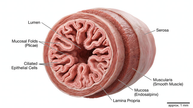 Detailed 3D medical illustration illustrating the microscopic structure and cross-section anatomy of a human fallopian tube, highlighting key layers including the mucosal folds, ciliated epithelial...