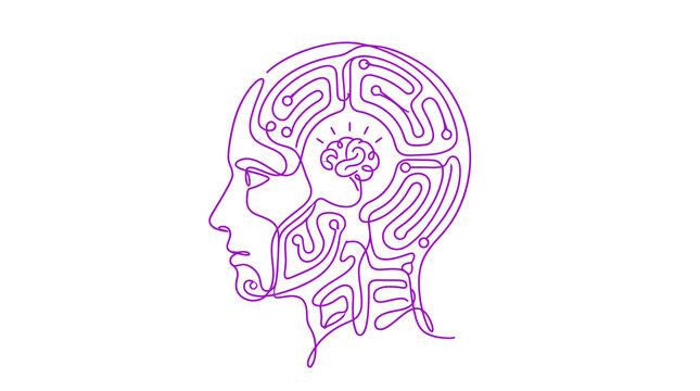 Purple line art profile of a human head with a brain maze concept vector