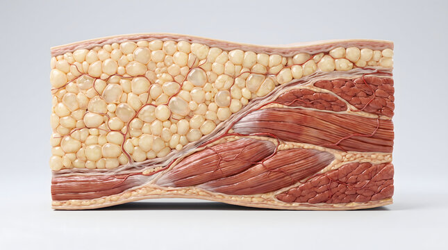 An anatomical cross-section model illustrating the layers of human tissue. This detailed medical diagram displays the yellow subcutaneous fat cells, red muscle fibers, and branching blood vessels,...