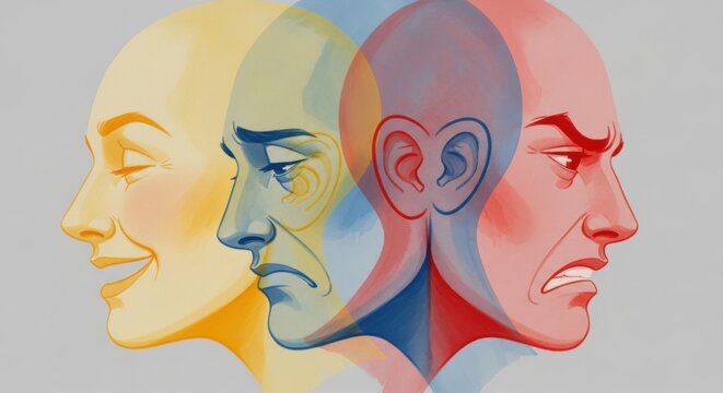 Conceptual showing three human head profiles in different colors representing shifting emotions, from a happy yellow face to a sad blue face and an angry red face, psychological concept