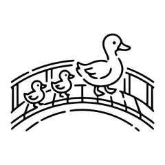 Fototapeta premium Cute Duck and Ducklings Walking on a Bridge in Simple Line Art