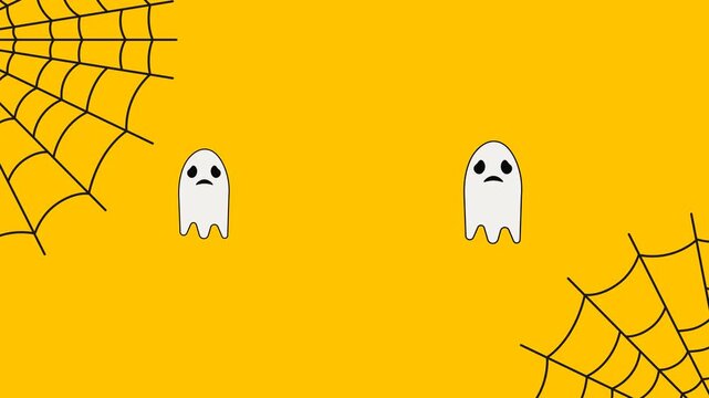 Animation of two sad white ghosts on an orange background with spider webs.
