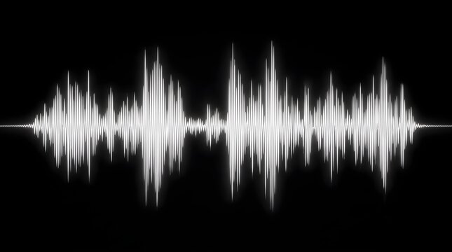 White digital audio sound wave visualization on a black background, representing music, frequency, or voice recording data
