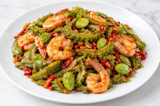 Spicy stir-fried bitter gourd with shrimp, stink beans (petai), and red chilies on a white plate