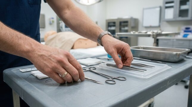 Surgeon preparing surgical instruments and sutures for a medical procedure on a training mannequin in a sterile operating room environment.