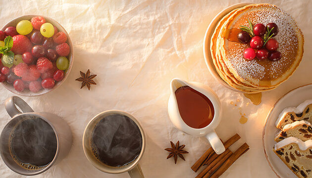 Overhead View of Christmas Morning Breakfast Spread with Pancakes on Cream Linen