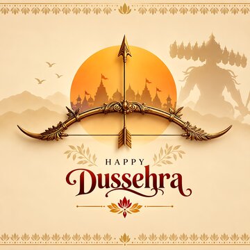 Happy Dussehra auspicious greeting background featuring a divine golden bow and arrow set against a Ravana silhouette and bright sunset.