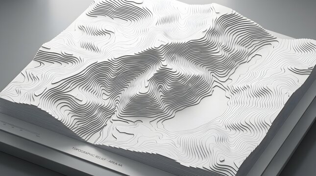 3d topographic map model with layered elevation contours, white landscape relief design, architectural terrain visualization