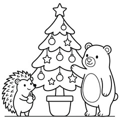 Fototapeta premium Cute Bear and Hedgehog Decorating Christmas Tree Line Art Vector Illustration