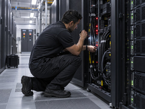 IT technician investigating power failure in a modern data center