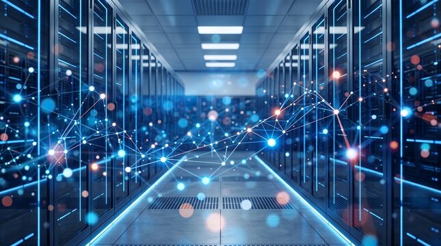 Server room with glowing network data visualization