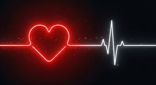 Glowing red heart shape connected to a white digital heartbeat pulse line on a dark background, medical cardiology concept with neon light effect and small floating particles