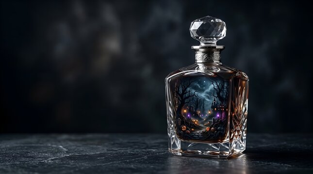 Miniature gothic Halloween fantasy world inside a luxury crystal glass perfume bottle with copy space