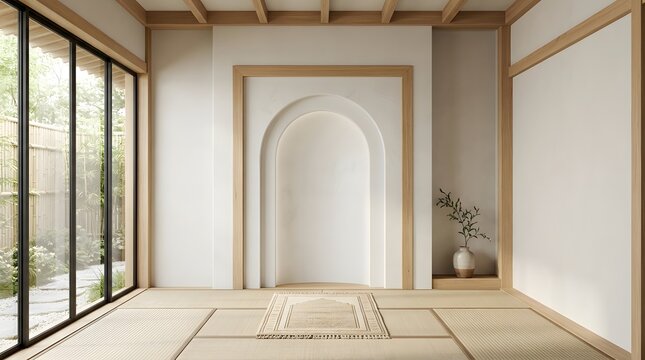 Minimalist Japanese interior room with tatami mats and arched wall niche.