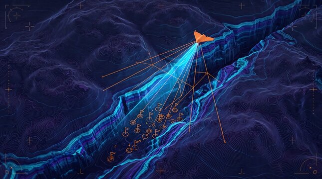 Autonomous tactical drone reconnaissance interface scanning diagonal tectonic fault rift on 3d digital topographic elevation wireframe mesh with concentric target acquisition telemetry radar