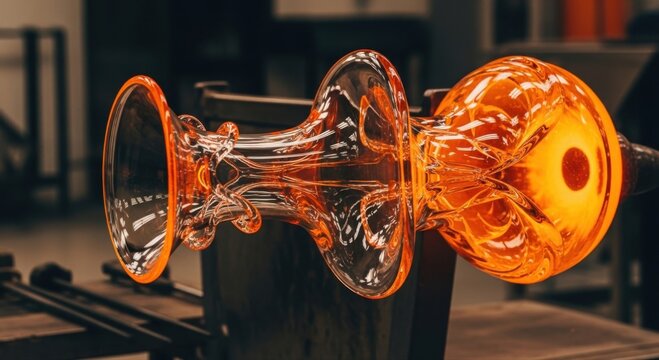 Molten glowing orange glass being shaped by a glassblower in a workshop, showing the hot liquid on a metal rod with intricate curves and a bright radiant core during the glass blowing process