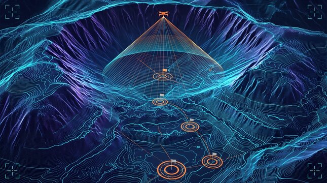 High altitude tactical drone monitoring interface scanning glacial cirque basin and moraine terrain on 3d digital topographic elevation wireframe mesh with multi point target acquisition network