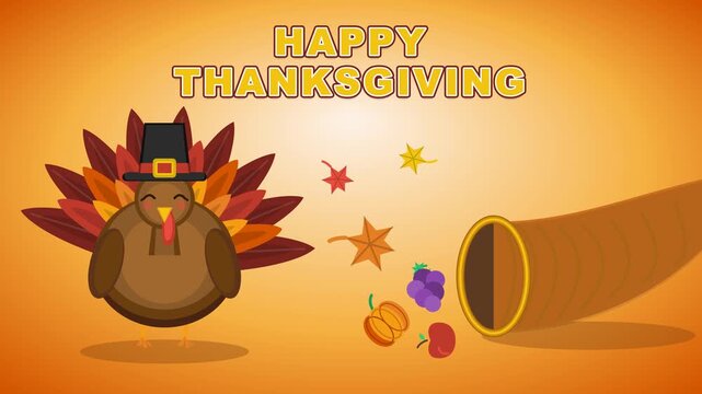 Cute detailed turkey wearing pilgrim hat slides in from the left on warm autumn background. Classic cornucopia slides in from the right, fresh fruits and maple leaves gently spill out. Happy Thanksgiv