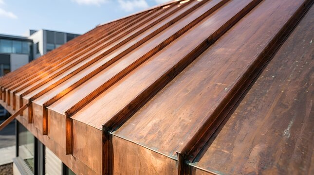 Close up of a modern architectural copper metal roof with standing seam design.