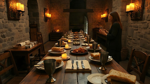Wooden table with roasted meats and goblets in stone hall, medieval feast concept