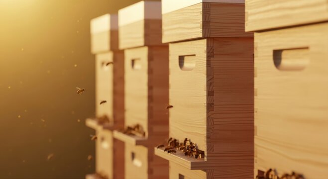 Row of wooden beehives in an apiary during golden hour with honey bees flying around the entrance of the hives and dust particles floating in the warm sunlight against a blurred background