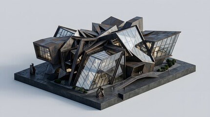 Fototapeta premium Modern architectural concept of a futuristic dark building with glass panels and geometric shapes.