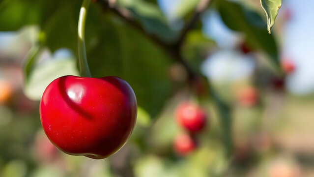 Ripe cherry on branch with green stem, orchard background, fruit freshness concept