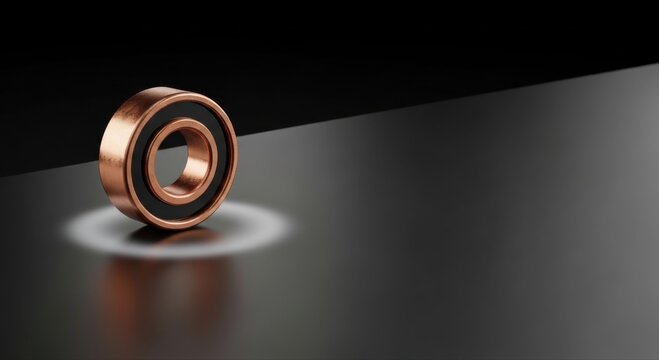 Single metallic copper ball bearing standing upright on a dark reflective surface with a soft circular spotlight effect, showcasing industrial precision components and mechanical engineering