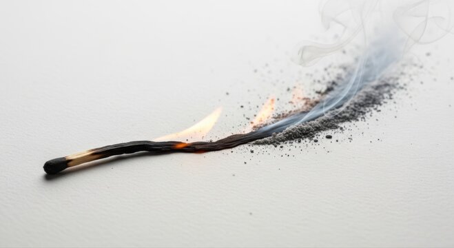 Single wooden matchstick burning with a bright orange flame, creating gray smoke and ash on a clean white background, capturing the moment of combustion and the transformation of wood into