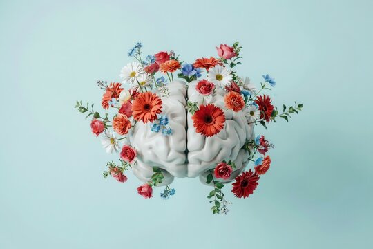Human brain model blooming with colorful flowers on a light blue background