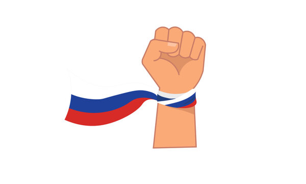 Raised fist with Russian flag ribbon symbolizing protest, resistance, and national unity.
